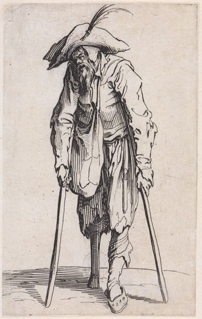 Bettler mit Krücken und Holzbein