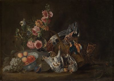 Deutscher Meister (?) - Stilleben mit toten Vögeln, Früchten, Blumen und einer Katze