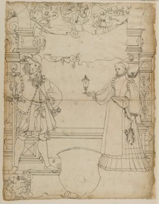Bartholomäus Lingg - Riss mit Schwertträger und Bürgersfrau, darunter leerer Wappenschild, im Oberbild Abschied der Hirten