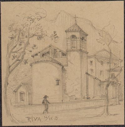 Josef Wilhelm Durm - Kirche neben einer baumbestandenen Straße in Riva am Gardasee
