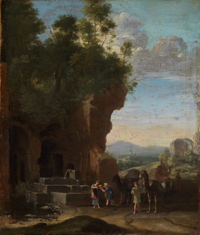 Herman van Swanevelt - Südliche Landschaft mit Rebekka und Elieser am Brunnen