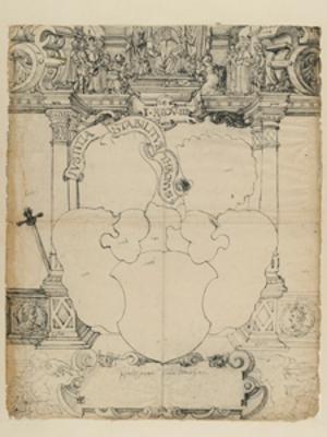 Straßburger Meister - Riss mit leerem Wappenschild, im Oberbild Urteil des Salomo