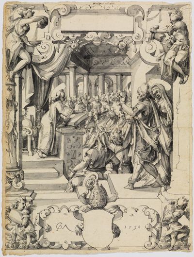 Christoph Murer - Riss mit Jesus im Tempel, darunter leerer Schild eines Abtswappens, in den o. Eckbildern Temperantia und Fortitudo