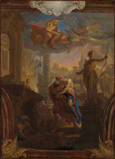 Johann Michael Rottmayr - Äneas rettet seinen Vater Anchises aus dem brennenden Troja, am Himmel Vulkan auf seinem Wagen