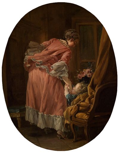François Boucher zeigt ein kleines Kind, das auf einem eleganten, reich verzierten Sessel sitzt und fein gekleidet ist. Eine der Frauen hält dem Kind ein Spielzeug hin, während eine andere ihm eine Süßigkeit anbietet.