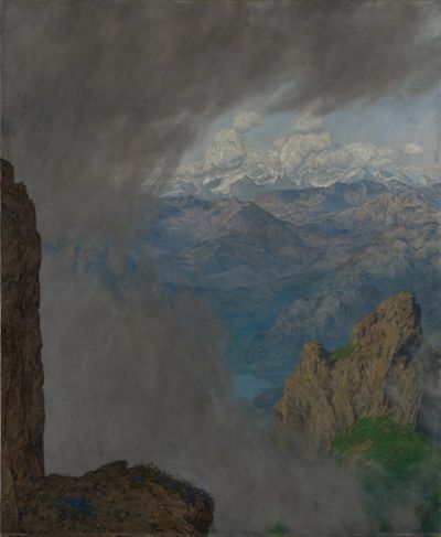 Hans Thoma zeigt eine atemberaubende Aussicht von der Bergspitze des Pilatus mit weiter Landschaft, Wiesen und felsigen Hügeln.