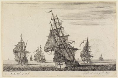 Seestücke (Paysages maritimes): Segel setzendes Schiff im Vordergrund, weitere im Hintergrund