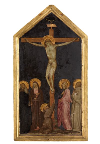 Florentinischer Meister - Christus am Kreuz zwischen Maria und Johannes mit den Heiligen Franziskus, Antonius Eremita und Bernhard von Clairvaux