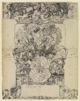 Straßburger Meister - Riss mit Wappen Ottheinrich, Pfalzgraf bei Rhein zu Sulzbach, im Oberbild Ritterturnier