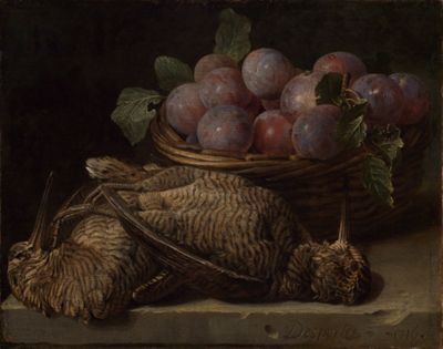 François Desportes (1661) - Stillleben mit Pflaumen und zwei Schnepfen auf einem Steintisch
