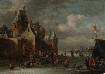 Pieter van Maes - Winterlandschaft mit Schlittschuhläufern vor den Mauern einer Stadt