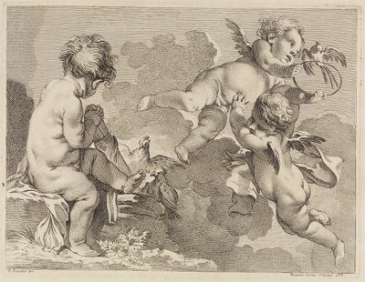 Pierre-Alexandre Aveline - Drei Putten mit Köcher, Reif und Tauben