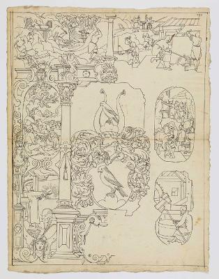 Bartholomäus Lingg (zugeschrieben) - Riss mit Wappen Goll (?), eingerahmt von Szenen aus dem Bergbau und der Metallverarbeitung sowie aus der Viehwirtschaft und dem Metzgergewerbe