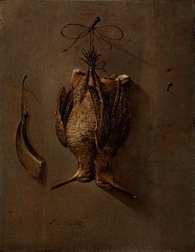 Pieter van Noort - Stillleben mit zwei aufgehängten Schnepfen und einem Pulverhorn