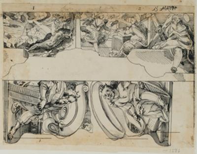 Niklaus von Riedt (zugeschrieben) - Entwurf für ein Oberbild mit Apostel und Szenen aus dem Alten und Neuen Testament, quer: Moses, König David