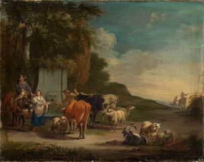 Peeter Bout - Landschaft mit Hirten und Herde am Brunnen