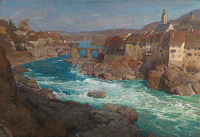 Gustav Schönleber - Blick auf Laufenburg am Rhein mit den Stromschnellen