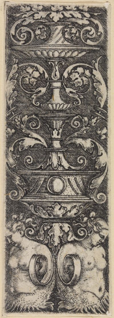 Barthel Beham - Zwei weibliche Halbfiguren (mit Spinnalen statt Armen), einen Aufsatz stützend