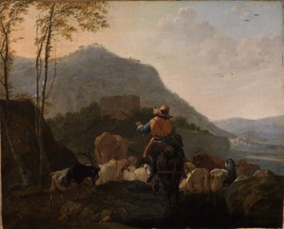 Joh. Heinrich Roos - Ausziehende Hirten mit ihrer Herde in südlicher Berglandschaft