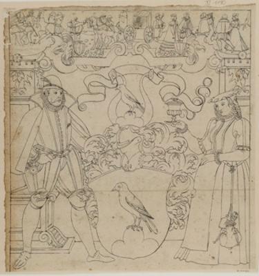Bartholomäus Lingg (zugeschrieben) - Riss mit Schildbegleiterpaar und Wappen Goll (?), im Oberbild Tanz- und Wettkampfszenen
