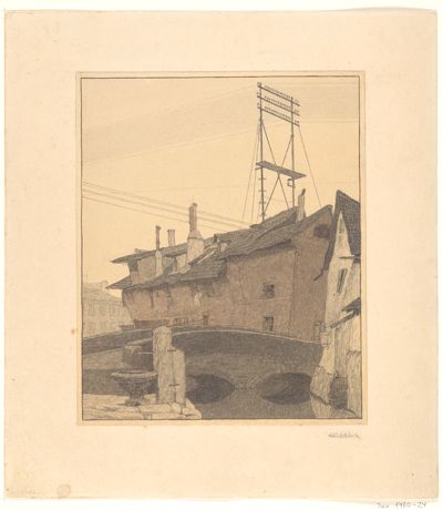Karl Hubbuch - Kleinstadthäuser mit Steinbrücke