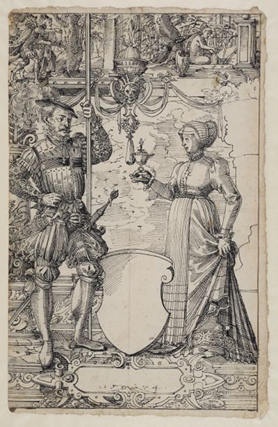 Daniel Lindtmayer (1552) - Riss mit Schildbegleiterpaar und leerem Wappenschild, im Oberbild Susanna und die Alten