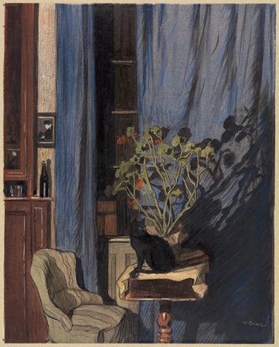 Walter Conz - Interieur mit schwarzer Katze