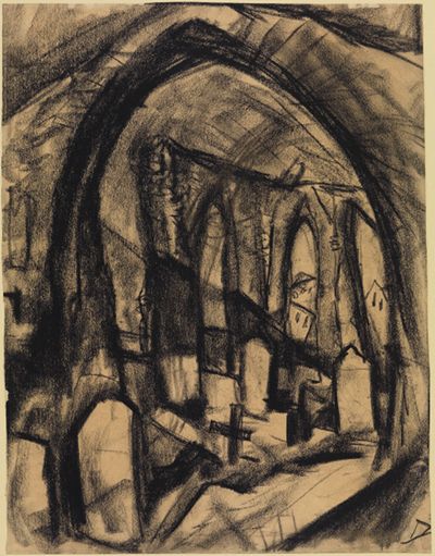 Otto Dix zeigt eine zerstörte Landschaft mit vielen Gräbern. Im Hintergrund steht eine zerstörte Kirchenruine.