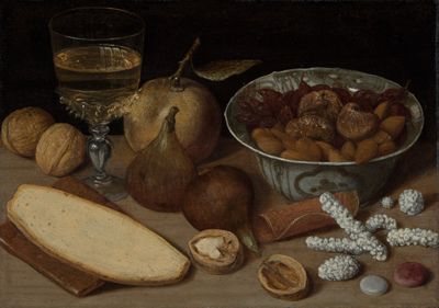 Georg Flegel (1566) - Stillleben mit chinesischer Schale und Weinglas, Nüssen, Feigen, Zuckerwerk und Brot