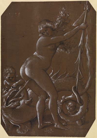 Nackte junge Hexe und fischgestaltiger Drache