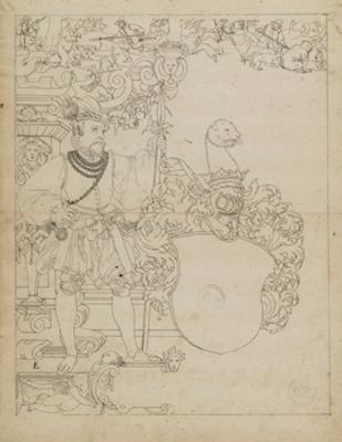 Bartholomäus Lingg - Riss mit Halbartier als Schildbegleiter und leerem Wappenschild, im Oberbild Bärenjagd