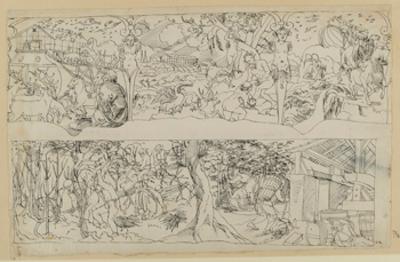 Bartholomäus Lingg (Werkstatt) - Zwei Entwürfe für Oberbilder: Sintflut/Arche Noah, Weinbau