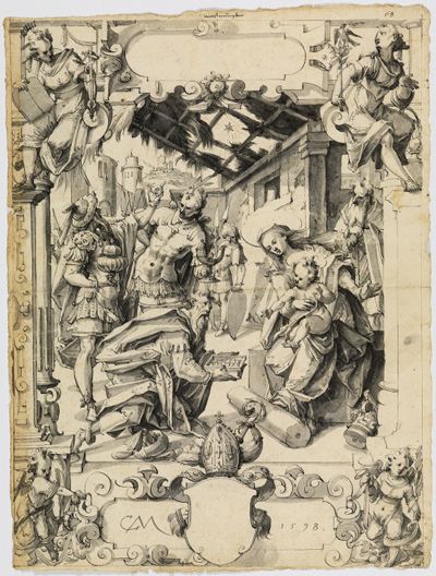 Christoph Murer - Riss mit Anbetung der Könige, darunter leerer Schild eines Abtswappens, in den o. Eckbildern Fides und Pax