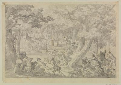 Johann Elias Ridinger - Jagd auf Rotwild, im Vordergrund Jäger und Hunde