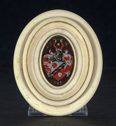 Wolfgang Heimbach - Bildnisminiatur mit Deckel: Ein Herr aus der Bremer Familie Blum. Im Deckel ein Paar in einer Landschaft