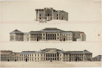 L. Heiss - Plan zum Gräflich Hochbergischen (Markgräflichen) Palais: Schnitt, Gartenfront, Fassade