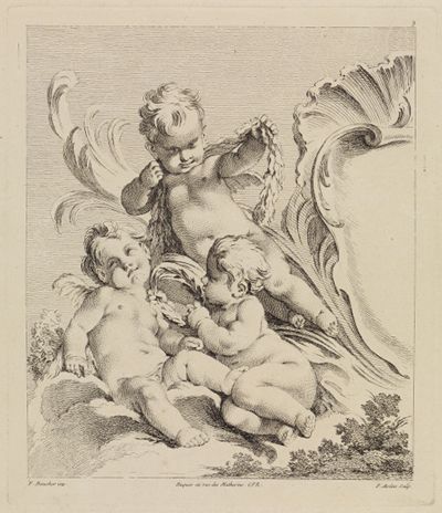 Pierre-Alexandre Aveline - Drei Putten neben einer Kartusche
