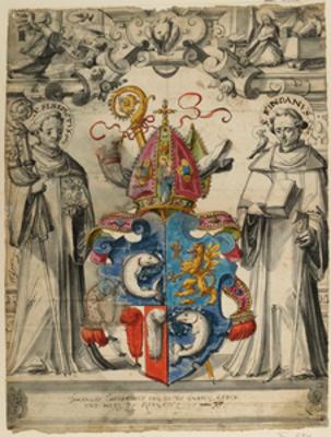 Christoph Murer (Umkreis) - Riss mit Wappen Johannes Theobald Wehrli von Greifenberg, Abt zu Rheinau, flankiert von dem Hl. Benedikt und dem Hl. Fintan, im Oberbild Verkündigung an Maria