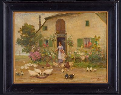 Georg Tyrahn - Junge Frau mit Töchterchen, am Gartentor Geflügel fütternd