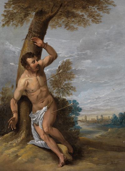 Das Ölgemälde zeigt einen Mann, der halb nackt ist und an einen Baum gefesselt wurde.Sein Körper ist mit Pfeilen durchbohrt – das zeigt, dass er Schmerzen hat.