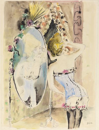 Da Aquarell von Otto Dix zeigt die Rückenansicht eines jungen Mädchens, das auf einem Stuhl sitzt und in einen Spiegel schaut. Das Spiegelbild zeigt jedoch ein greises, faltiges Gesicht.