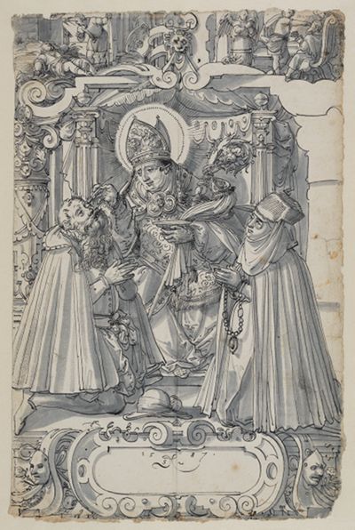 Daniel Lindtmayer (1552) - Riss mit dem Hl. Leodegar und einem anbetenden Stifterpaar, im Oberbild Szenen aus der Tobias-Geschichte