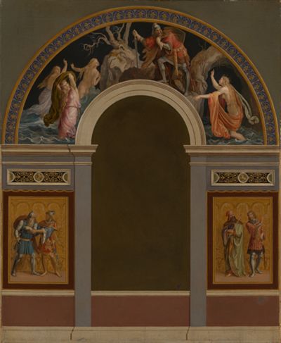 Julius Schnorr von Carolsfeld - Entwurf für die dem Eingang gegenüberliegende Wand des ersten Nibelungensaales im Königsbau der Residenz zu München