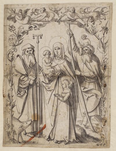 Hans Leu (1490) - Riss mit Anna selbdritt zwischen dem Hl. Antonius und dem Hl. Christophorus