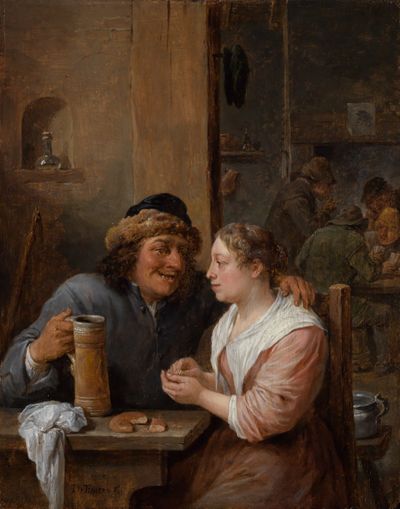 <p>Ein Mann hält einen Bierkrug in der Hand, eine junge Frau sitzt neben ihm.Beide sprechen miteinander. Der Mann trägt einfache, alte Kleidung, die Frau trägt ein schlichtes Kleid.</p><p></p>