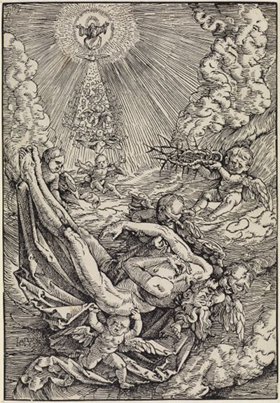 Hans Baldung zeigt Jesus, der von Engeln in den Himmel emporgehoben wird. Jesus schwebt in der Mitte des Bildes, umgeben von himmlischen Engeln, die ihn sanft tragen.