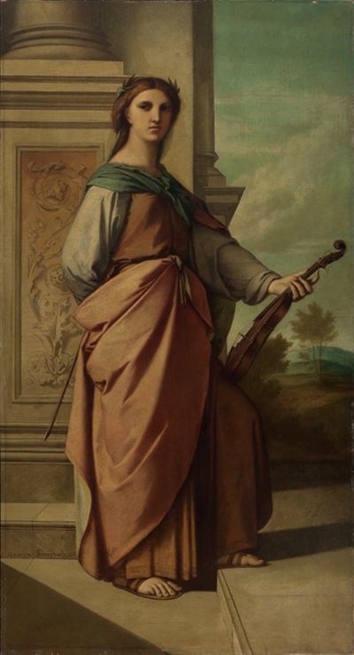 „Musikalische Poesie“ zeigt eine Frau, die anmutig sitzt und ein Instrument spielt. Sie hat lange, fließende Haare und trägt ein elegantes Kleid.