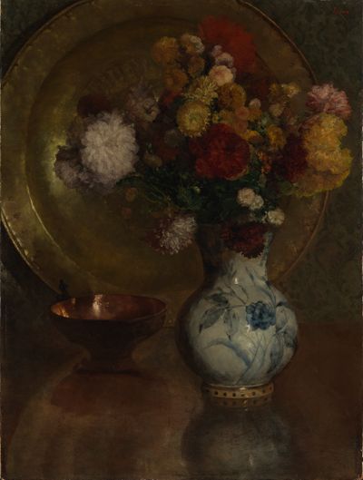 Louis Eysen - Blumenstilleben mit Messinggefäßen und Delfter Kanne
