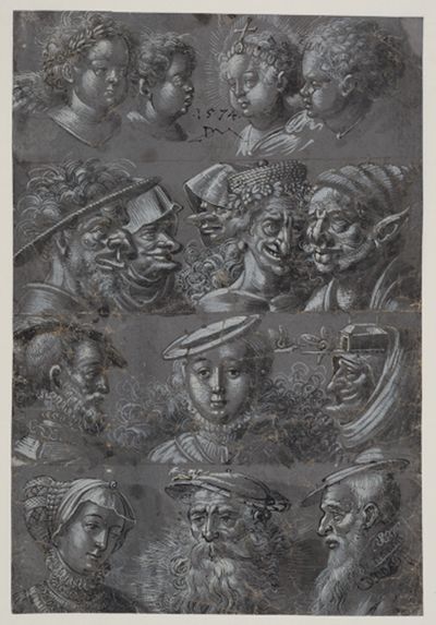 Daniel Lindtmayer (1552) - Studienblatt mit 15 Köpfen, in vier Reihen untereinander