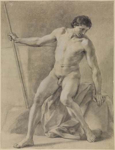 Anton Raphael Mengs - Sitzender männlicher Akt, fast frontal, Stab in der Rechten, niederblickend